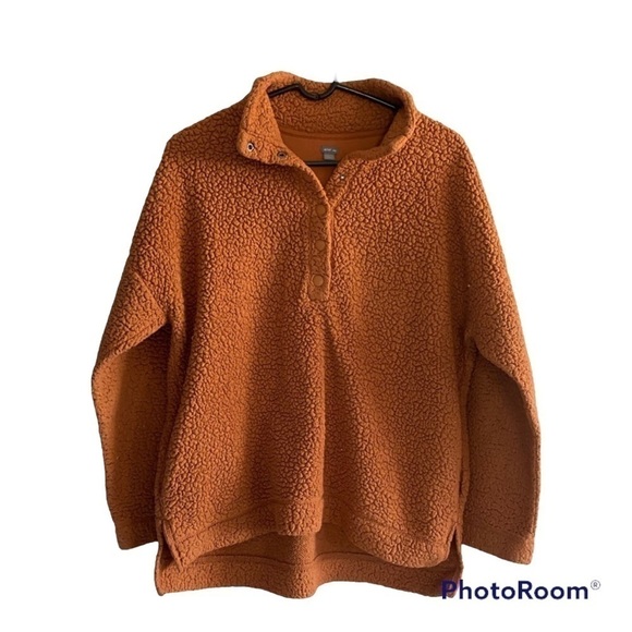 Aerie Oversized Cloud Sherpa Quarter Snap Pullover Brown Mustard - Picture 3 of 11
